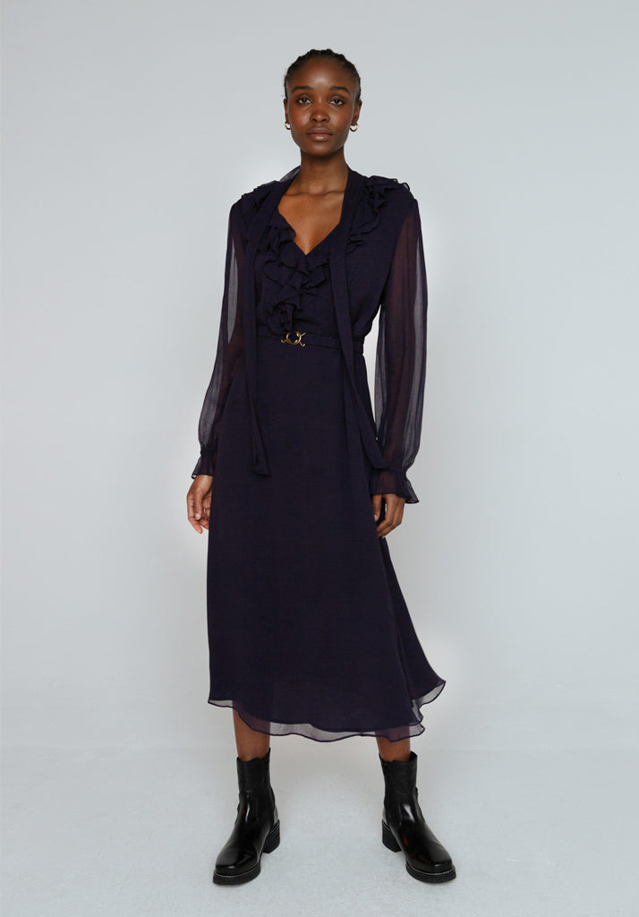 Margot Ruffle Neck Midi Dress In Navy - 14