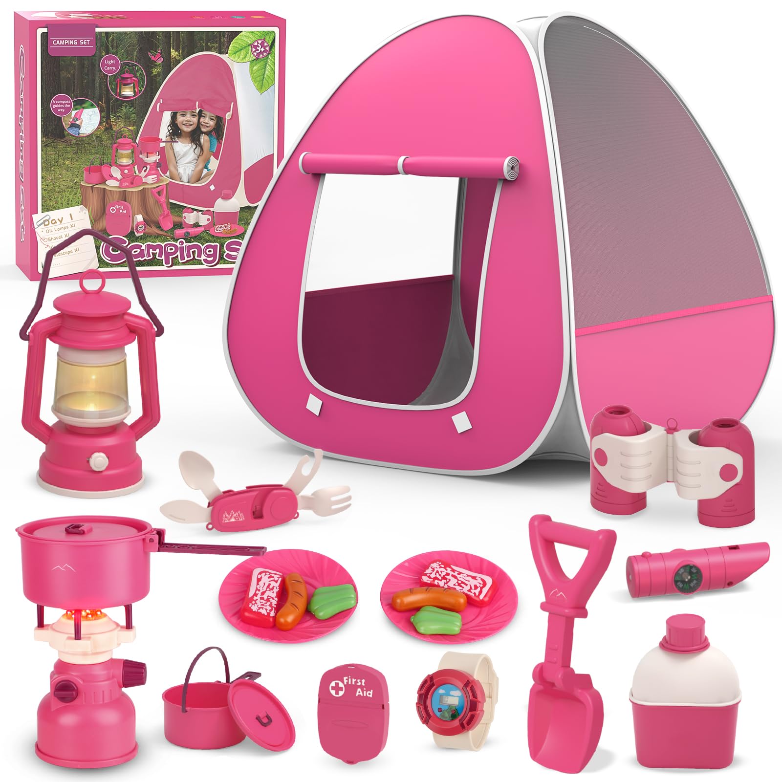 Kids Camping Set with Tent - Pop Up Tent, Kids Play Tents Outdoor Toys Camping Tools Set Gift for Girls Age 3 4 5 6 Year Old Birthday Christmas
