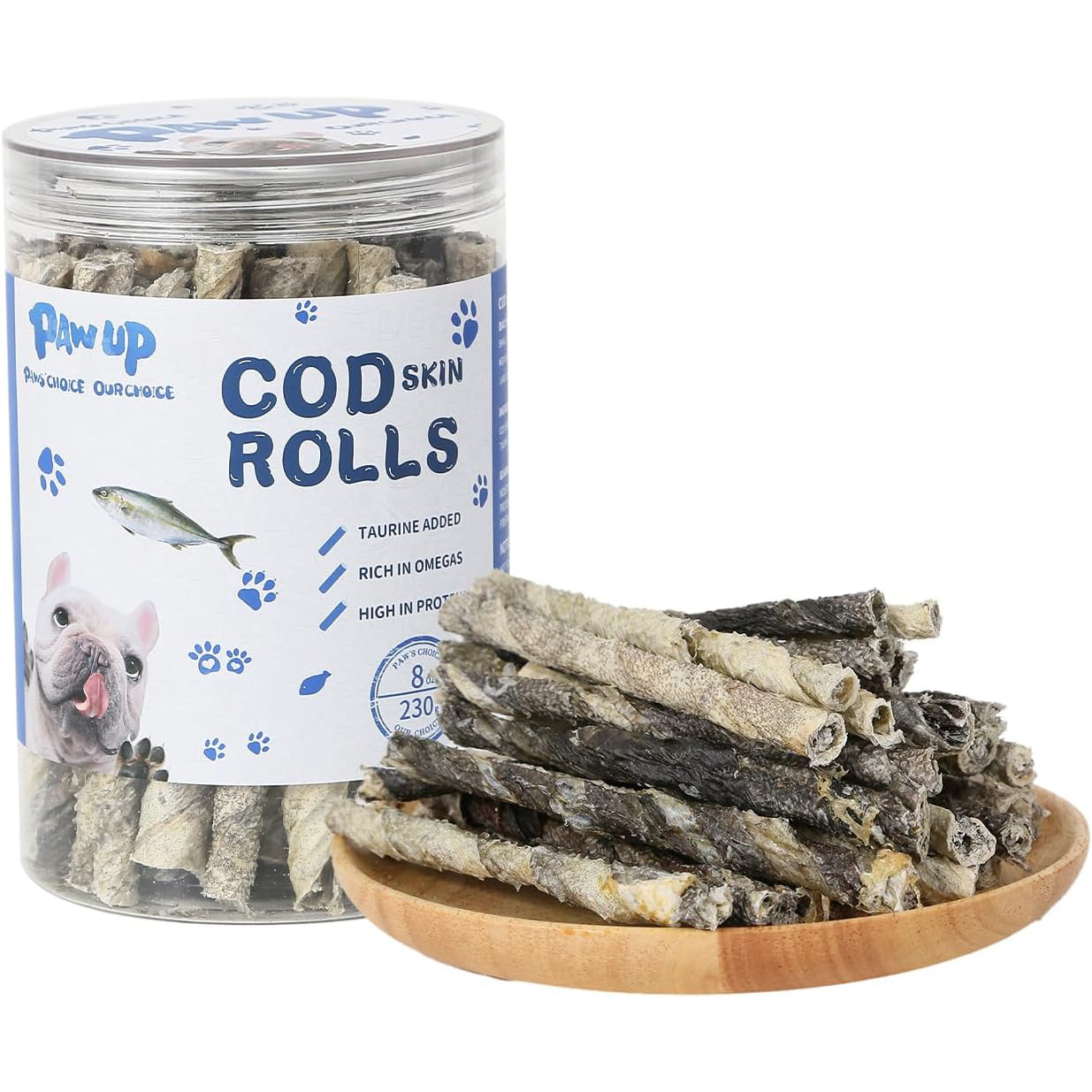 Cod Skin Dog Treats Natural High Omega 3 Dog Snacks, Single Ingredient Cod Skin Chews for Small Dogs w/Taurine, 8 oz - Rolls-8oz