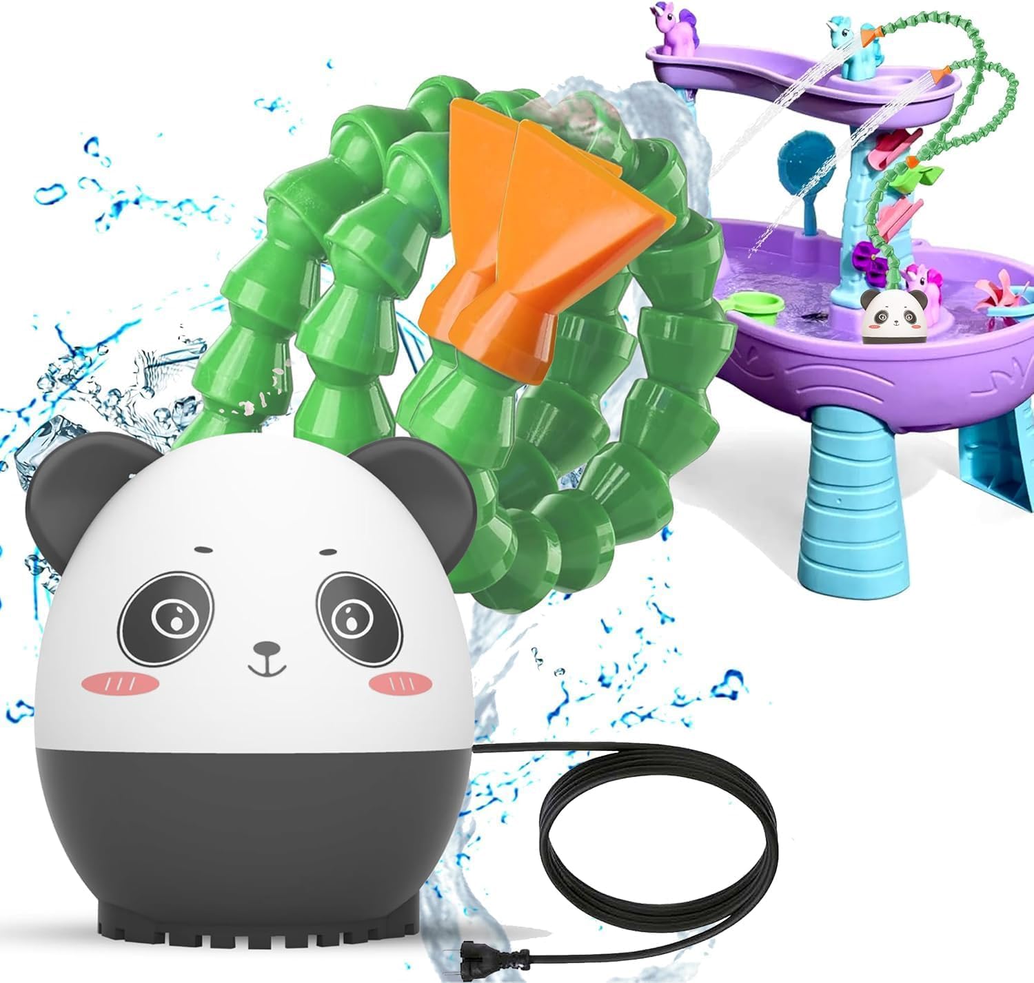 SWANNTQV Green Water Table Pump (Plug-in) – Summer Outdoor Splash Water Toys for Kids, DIY Double Tube Panda Water Pump for Water Tables