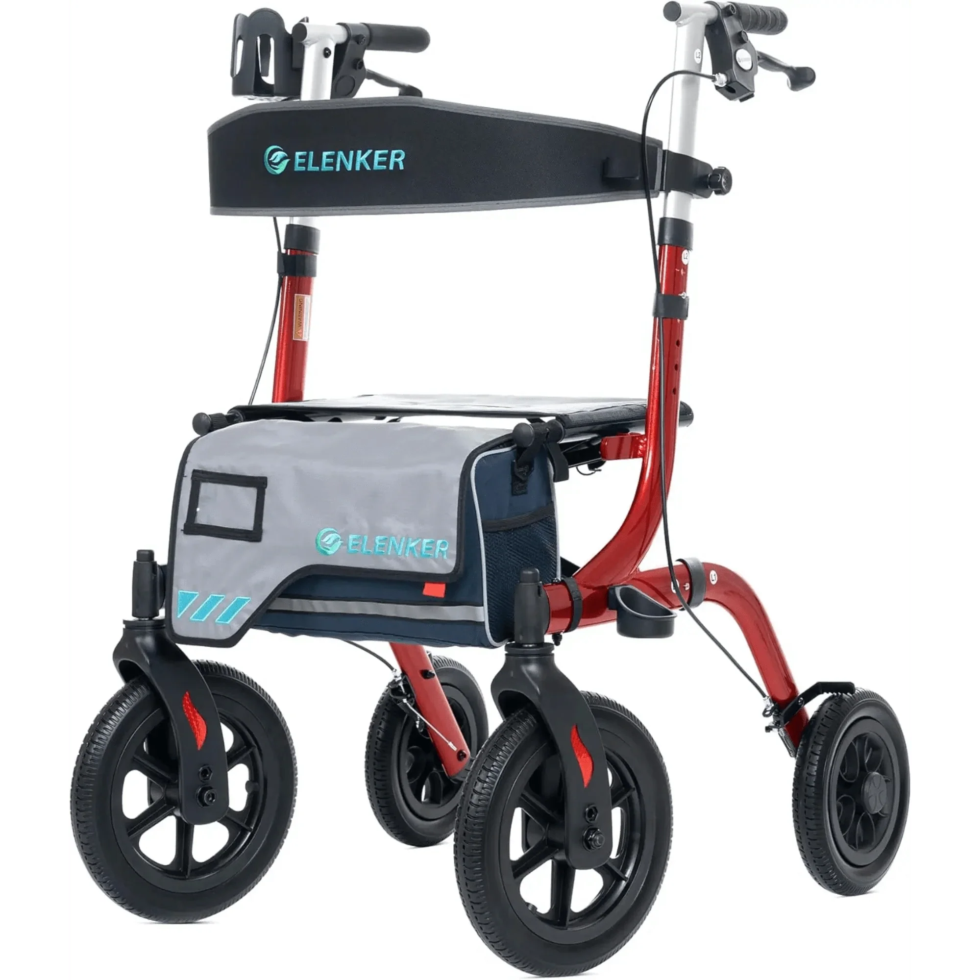HFK-9210KDB All Terrain Dual-Brake Rollator Walker 12" Wheels - Red