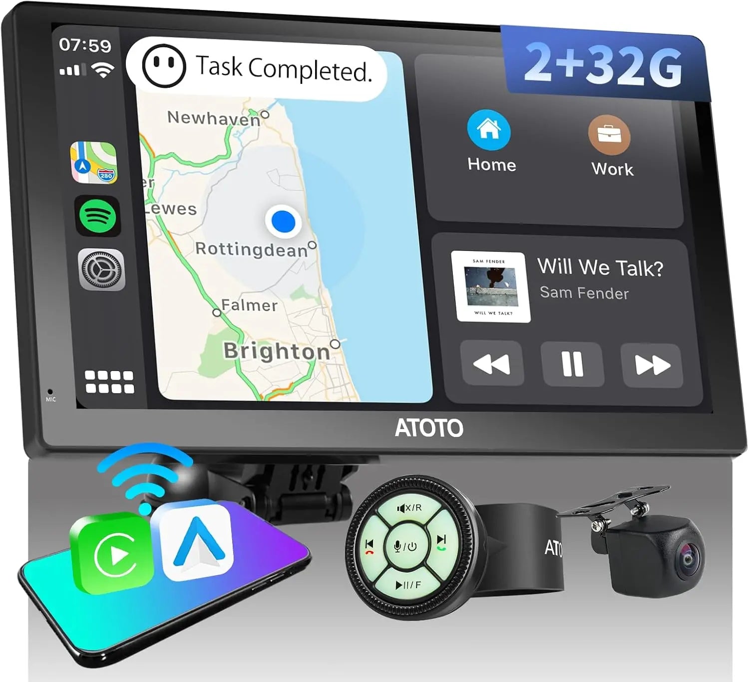 2+32G Android Portable CarPlay Car Stereo, Wireless Car Play Android Auto Screen for Car with GPS Navigation WiFi, Dual Bluetooth, USB Tethering,