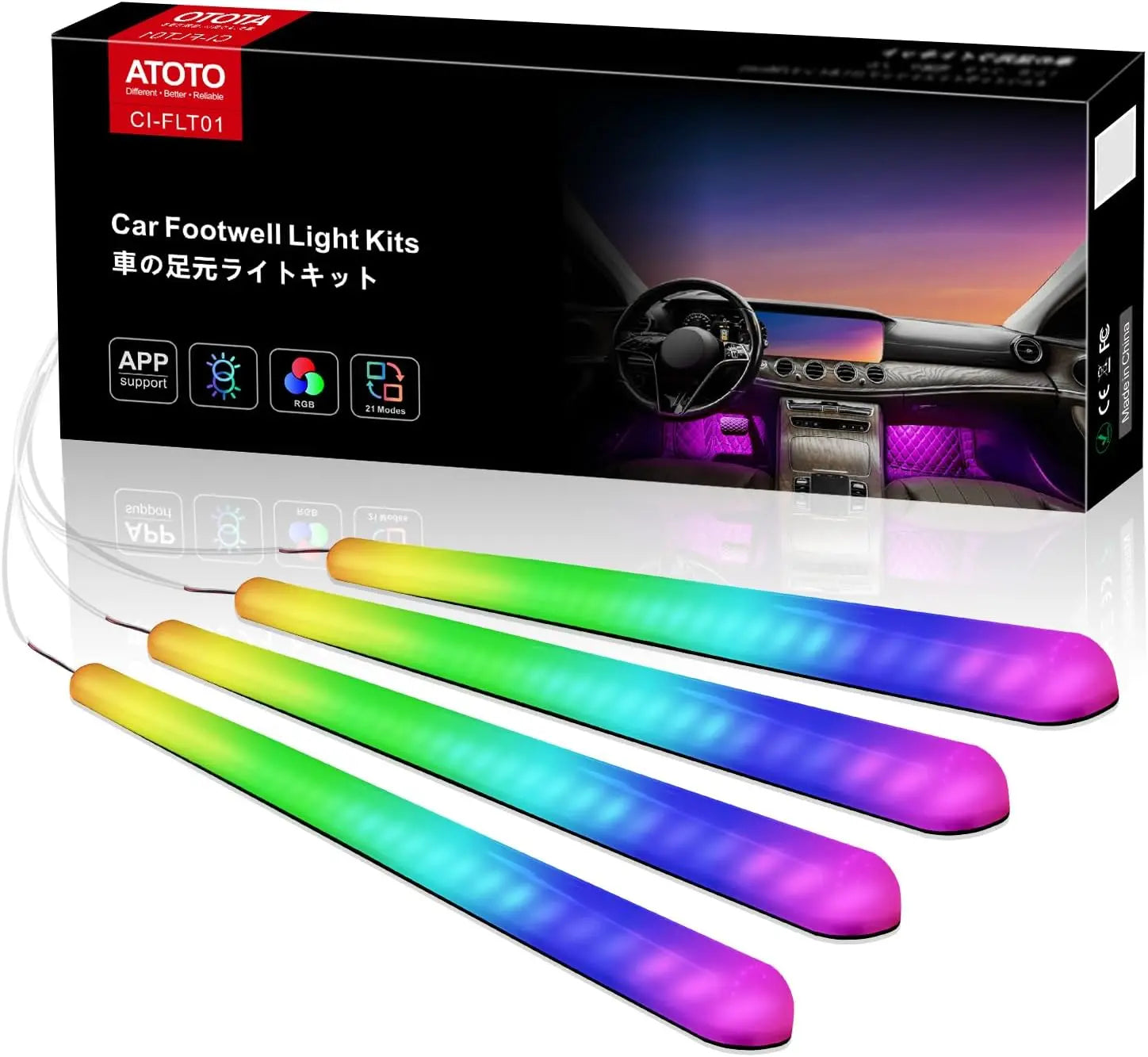 ATOTO 車用 160LED RGB テープライト - 音楽同期、APPコントロール、1600万色、足下照明