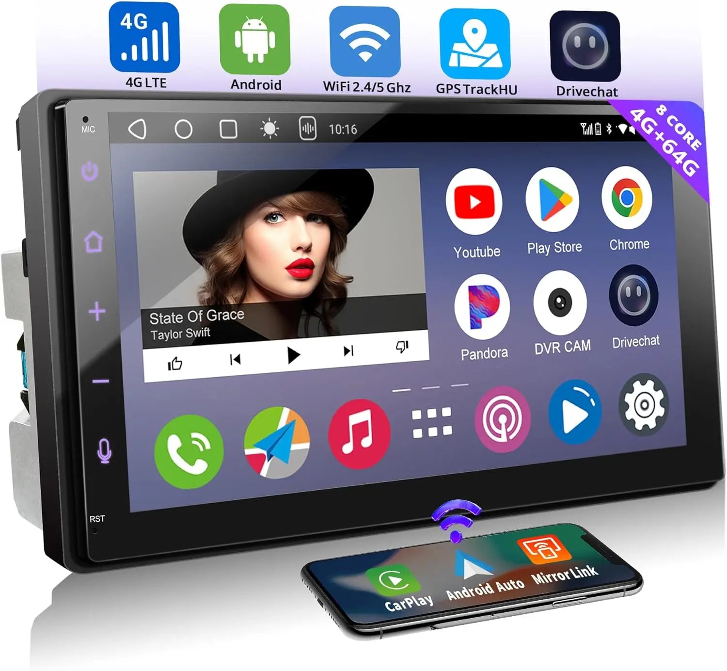 ATOTO A6G2B7PL Radio 2 DIN Android 7" QLED con Pantalla Táctil, 4G+64G, CarPlay y Android Auto Inalámbrico, 2 Bluetooth, 4G LTE, MirrorLink