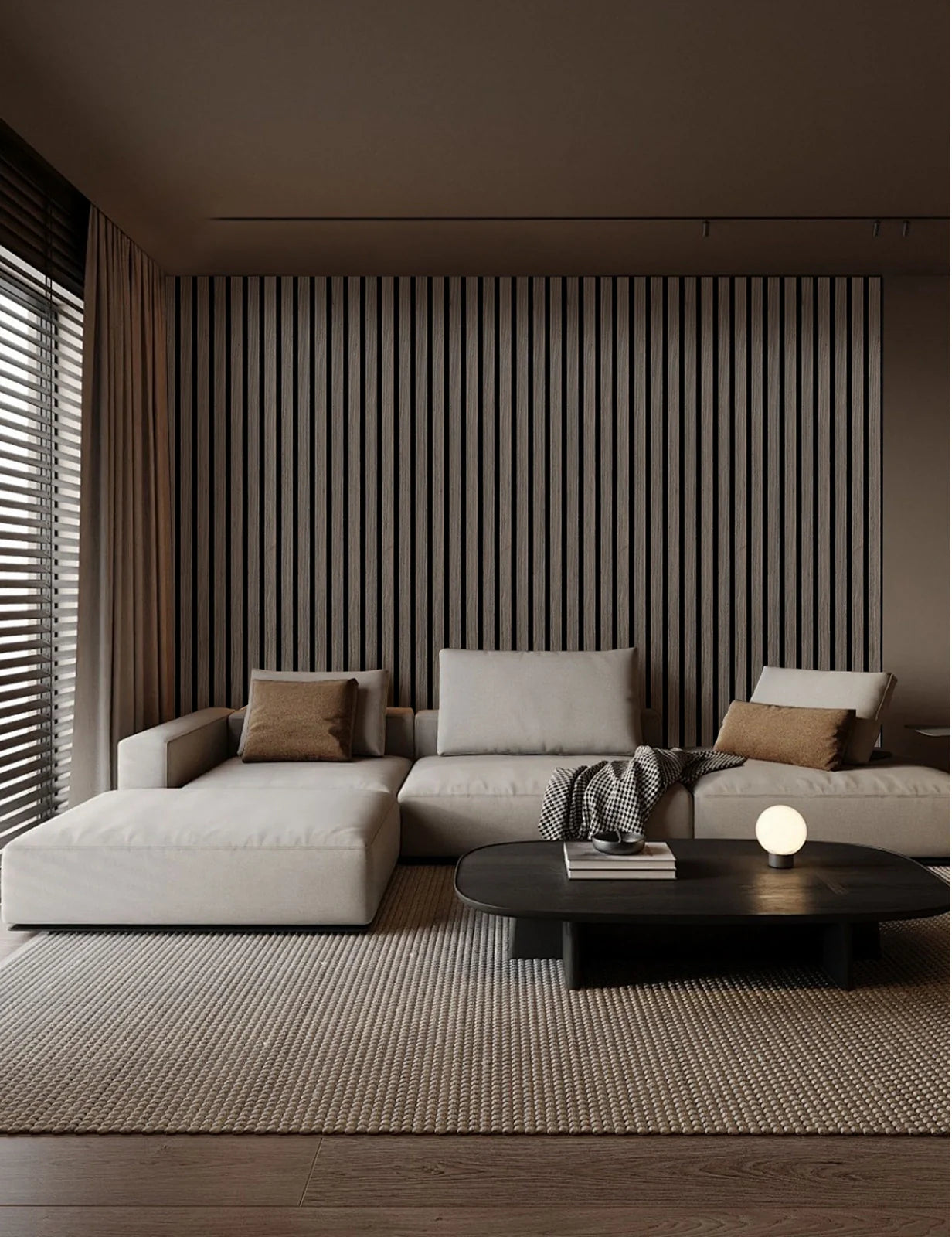 Lightweight Flexible Smoked Wood Veneer Acoustic Slat Wall Panels Unisoar - 94.5" x 23.6" – 2-Panel Set (94.5" x 11.8" each)