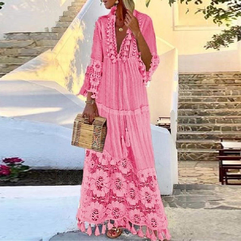 Women’s Clothing Spring and Summer New Bohemian Style Lace Tassel Stitching Beach Holiday Elegant Long Dress Dress