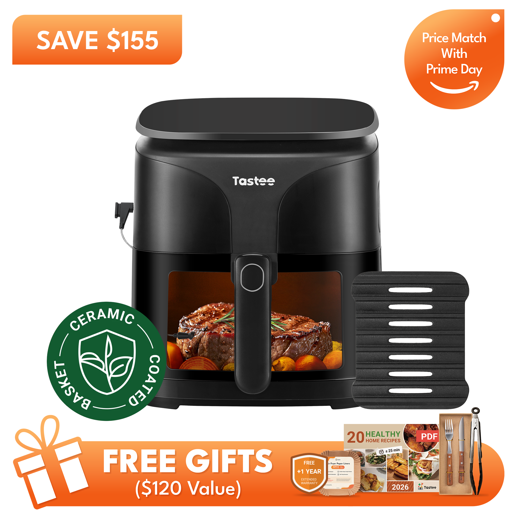 Tastee Sensor Magic Smart Air Fryer (Ceramic Coated Basket)+Cast Iron Grill Pan