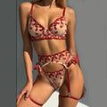 Women's Four Piece Lingerie Set - Heart Embroidery - M / Red