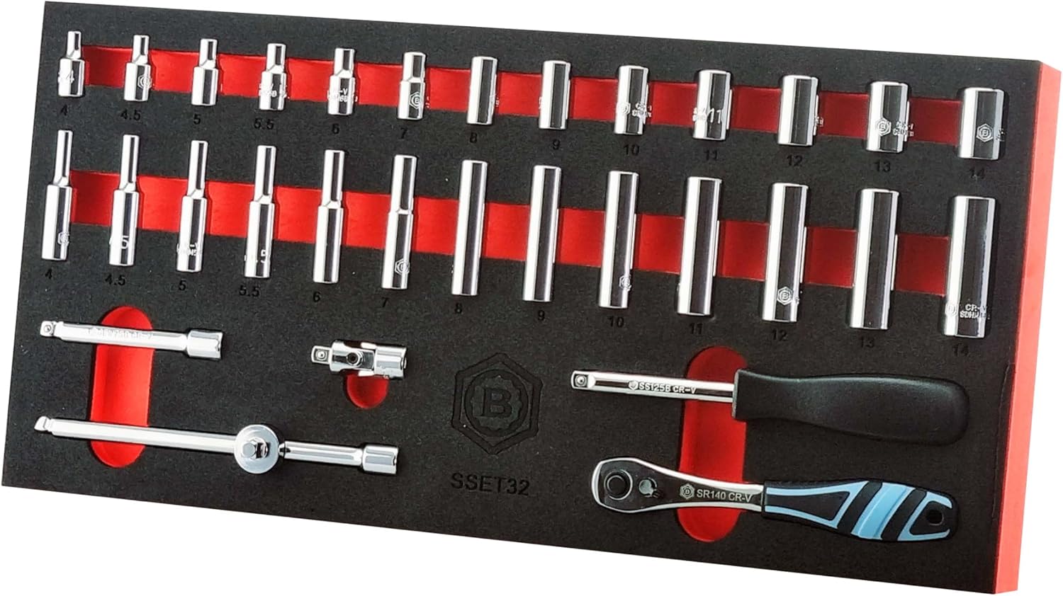1/4" Drive Socket Set with Standard and Deep Sockets, Wobble Extensions, Adapter and Storage Tray