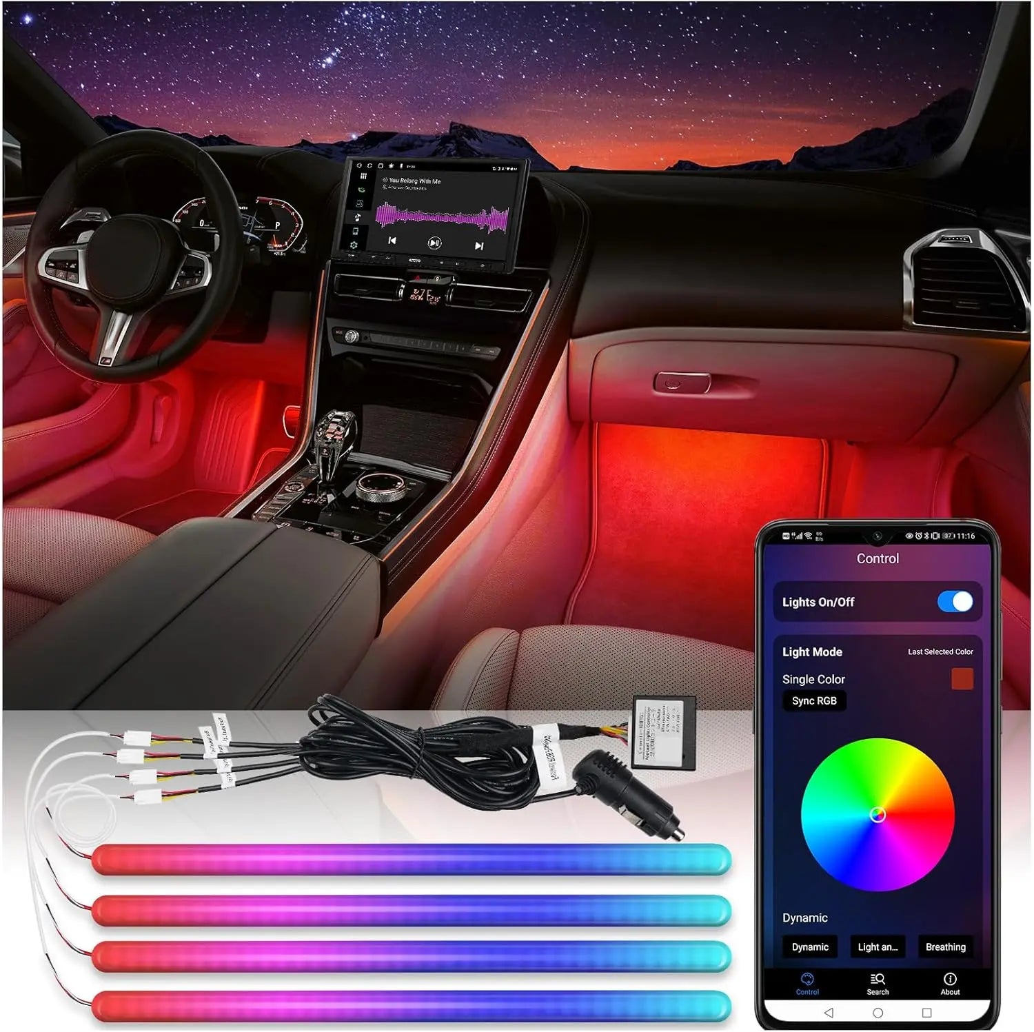 ATOTO CI-FLT01 Luci Interne Auto 160 LED RGB, Controllo da App e Modalità Musicale, Controllo Indipendente Zona Anteriore e Posteriore, 16M Colori