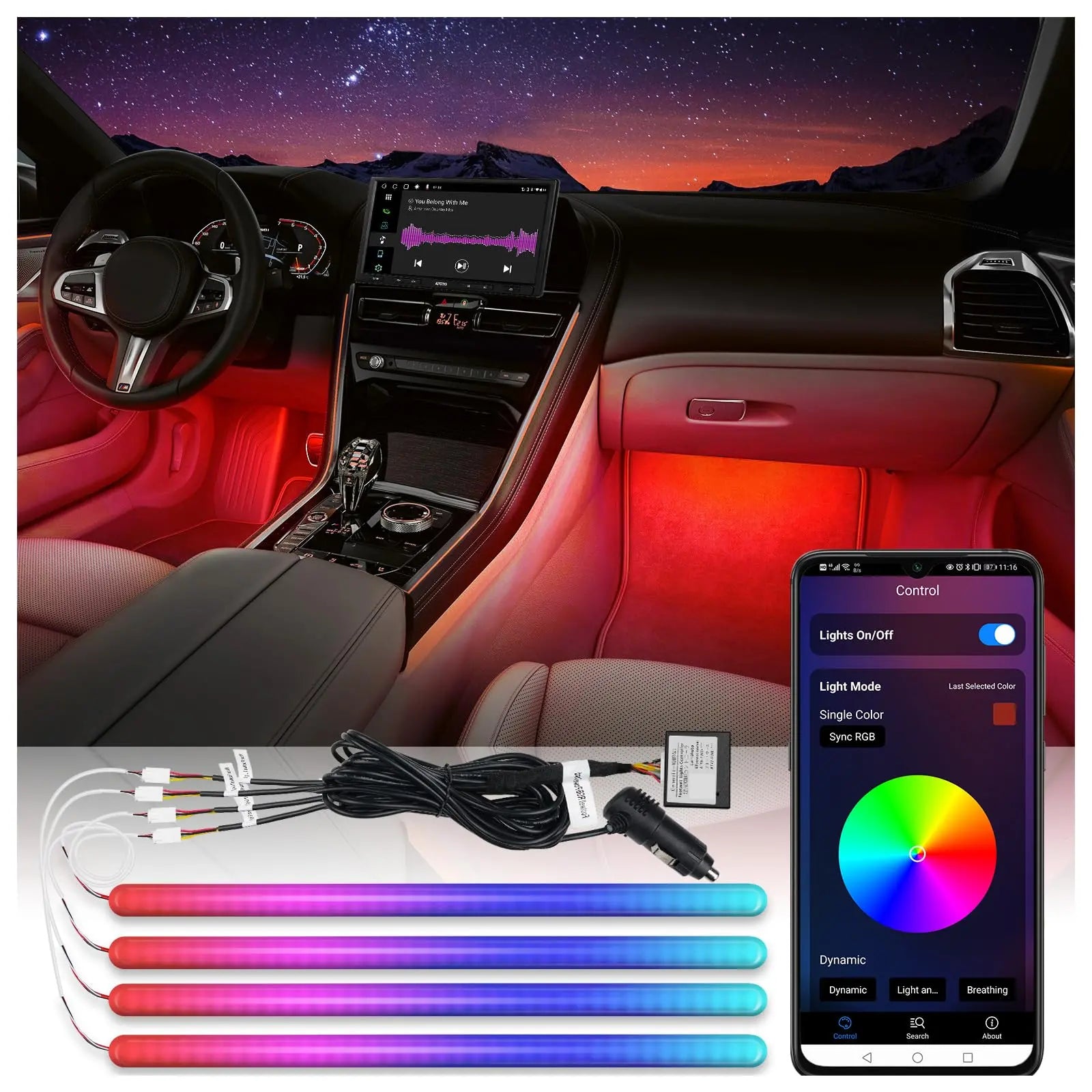 ATOTO CI-FLT01 160 LED Striscia Luci Auto Interni – Controllo APP, RGB, 16 Milioni di Colori, Modalità Musicali, Controllo Anteriore e Posteriore