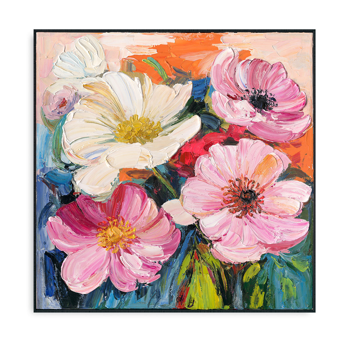 Handmade Painting Vibrant Floral Beauty - White Frame / 48''x 48''/ 122 x 122 CM
