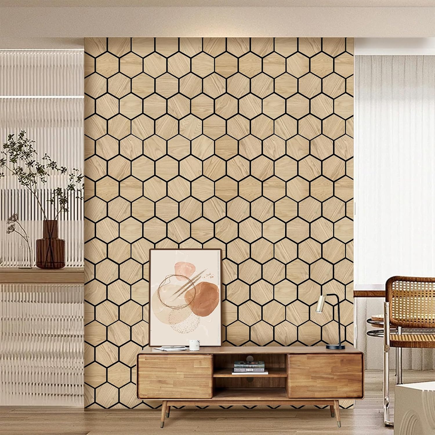 Luxury American Oak Acoustic Hexagon Wall Panels by Unisoar - 58" x 47.6" – 4-Panel Set (29" x 23.8" each) / Natural real wood
