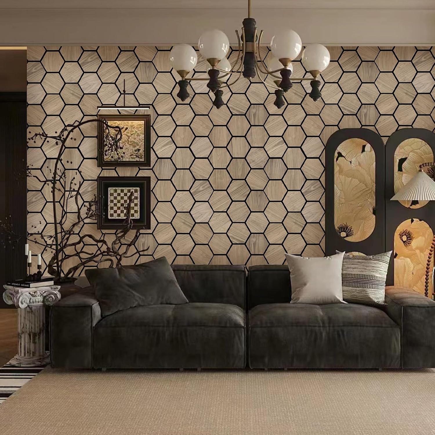 Luxury American Walnut Acoustic Hexagon Wall Panels by Unisoar - 58" x 47.6" – 4-Panel Set (29" x 23.8" each) / Natural real wood