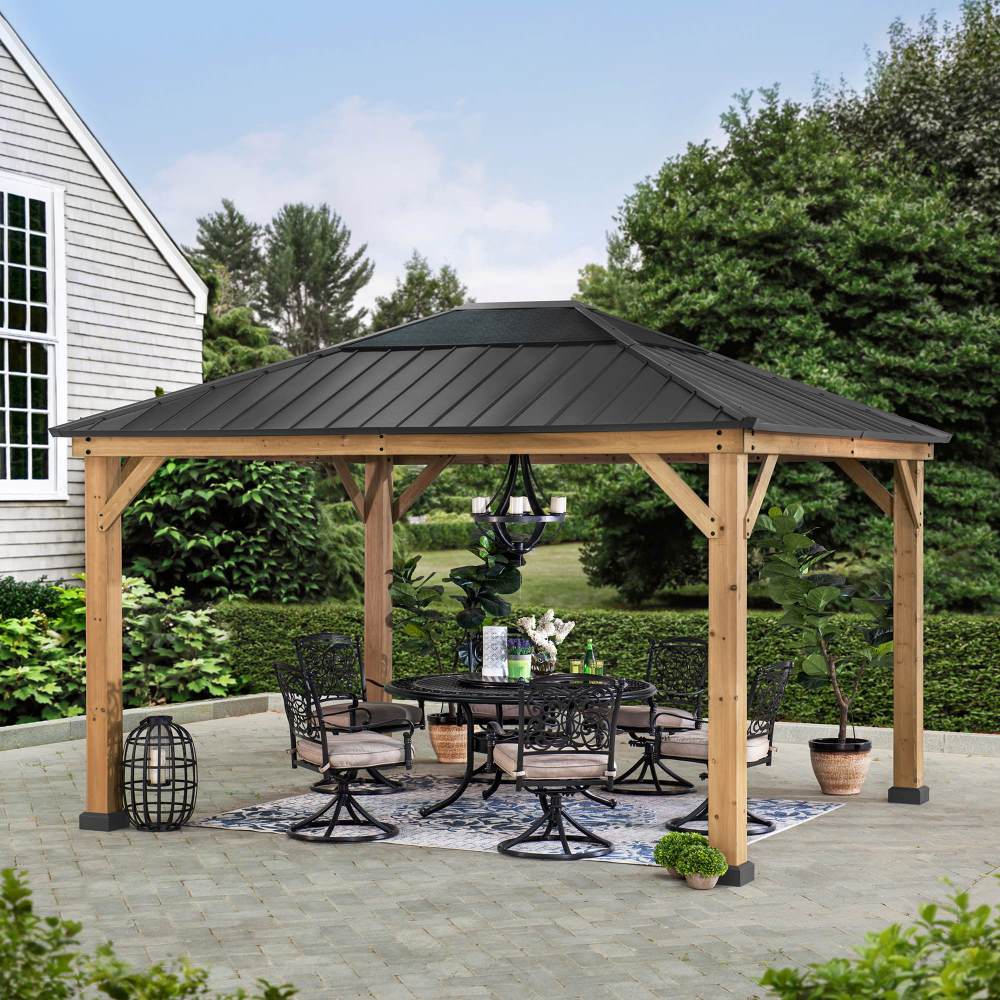 SUNJOY 3.93m x 3.35m Hardtop Cedar Gazebo with Skylight