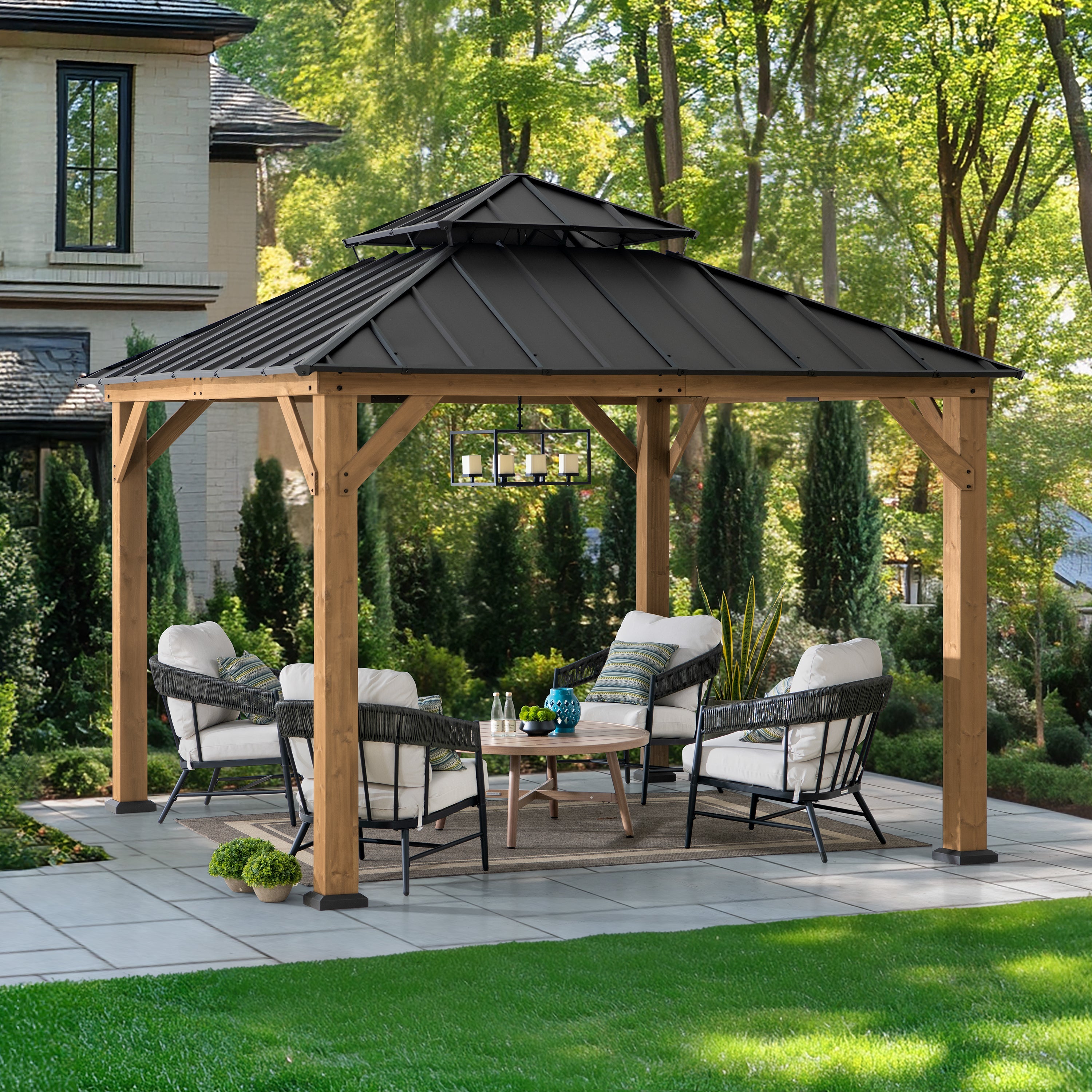 SUNJOY 3.3m x 3.3m Wooden Hardtop Gazebo - Warm Cedar