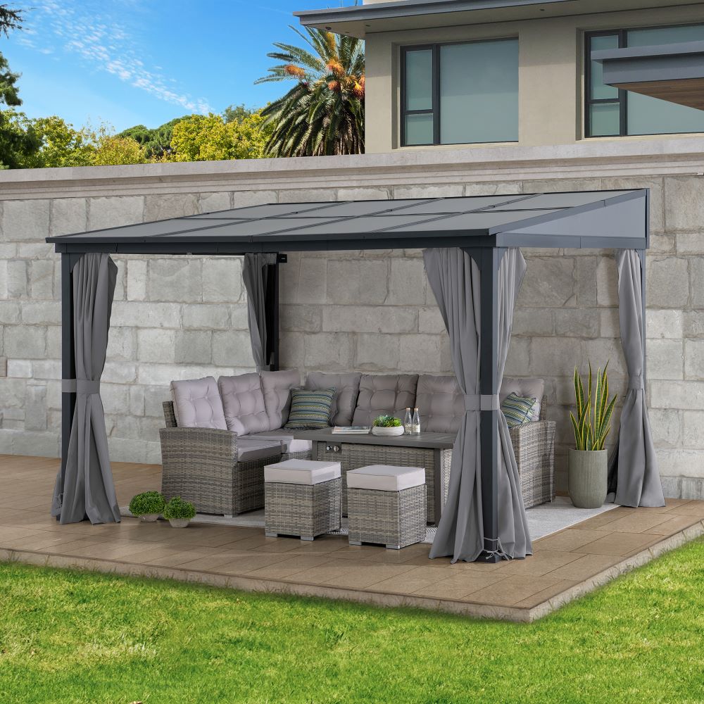 SUNJOY 3.6m x 3m Wall Mounted Gazebo with Curtain & Netting