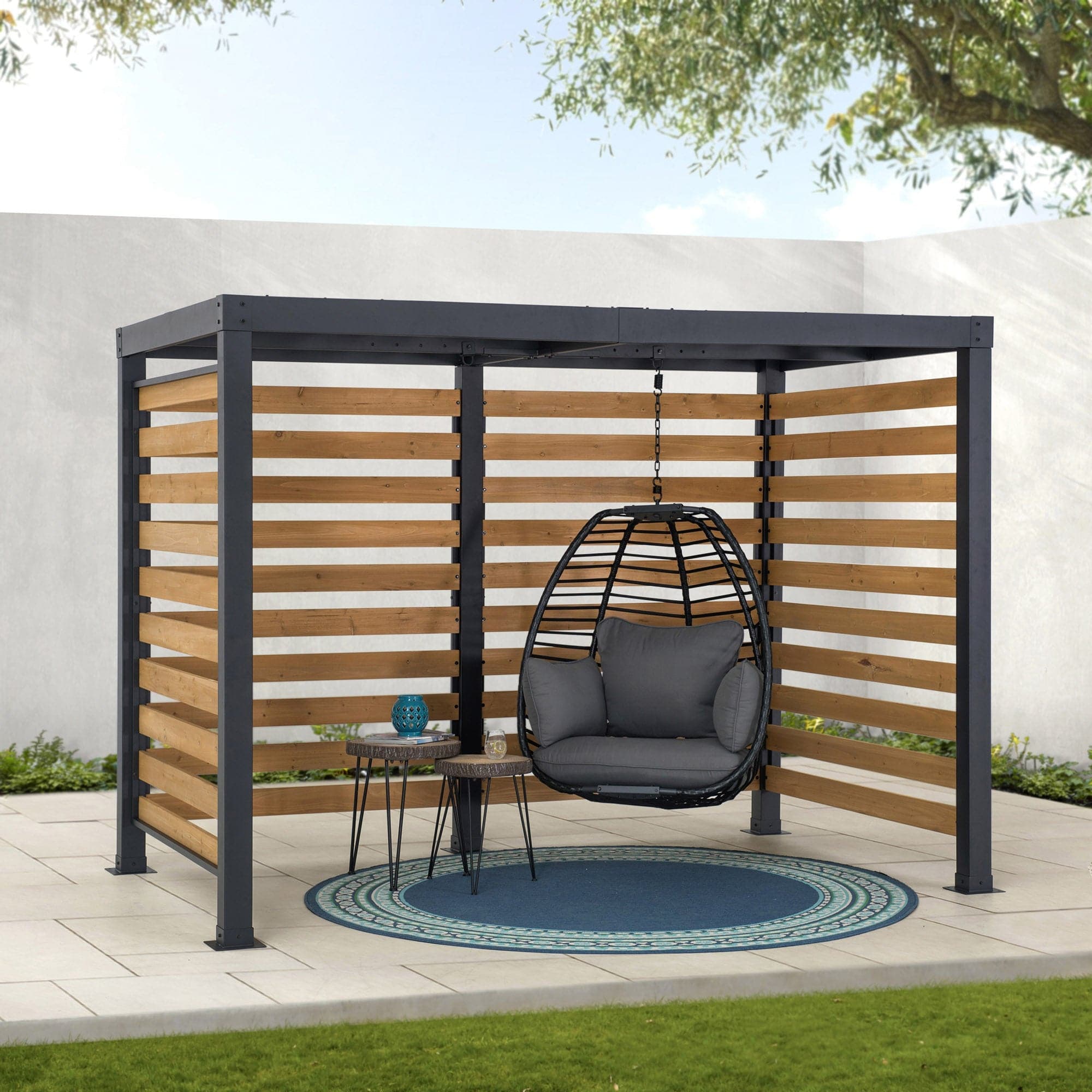 SUNJOY 3.13m x 1.91m Metal Pergola with Wood Privacy Screen