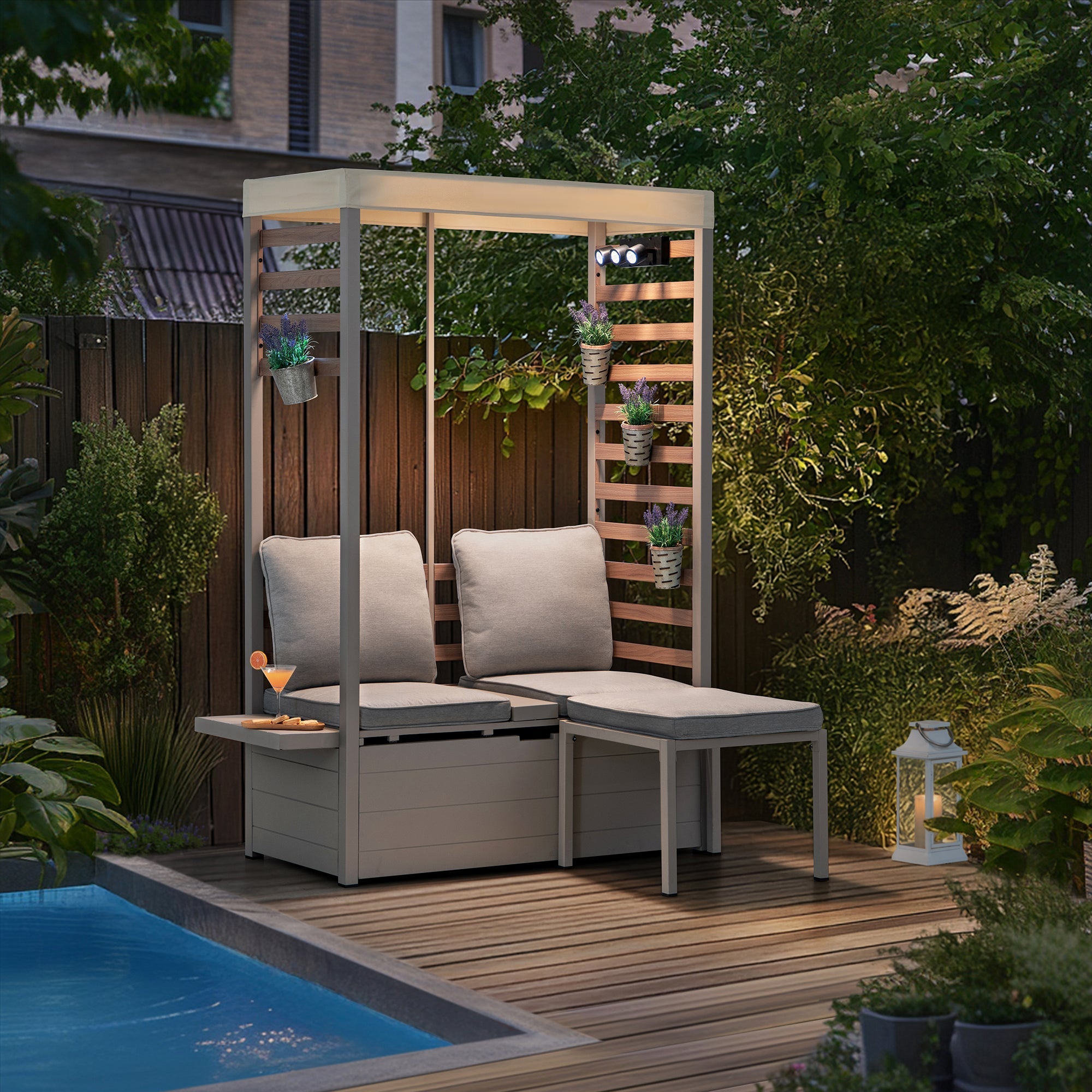 SUNJOY 2-Seater Loveseat Sofa with Footstool and Canopy