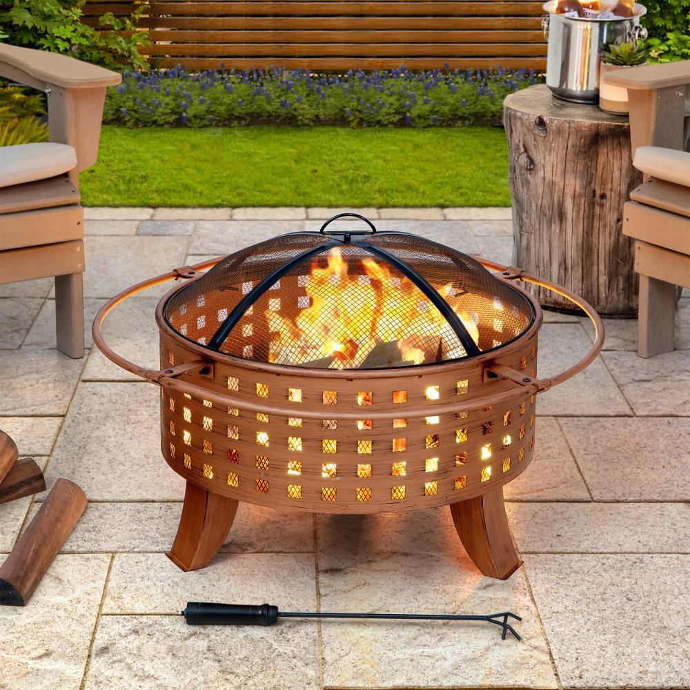 SUNJOY 83CM Steel Fire Pit with Mesh Screen - Woven Pattern