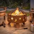 SUNJOY 83CM Steel Fire Pit with Mesh Cover - Star & Moon Pattern