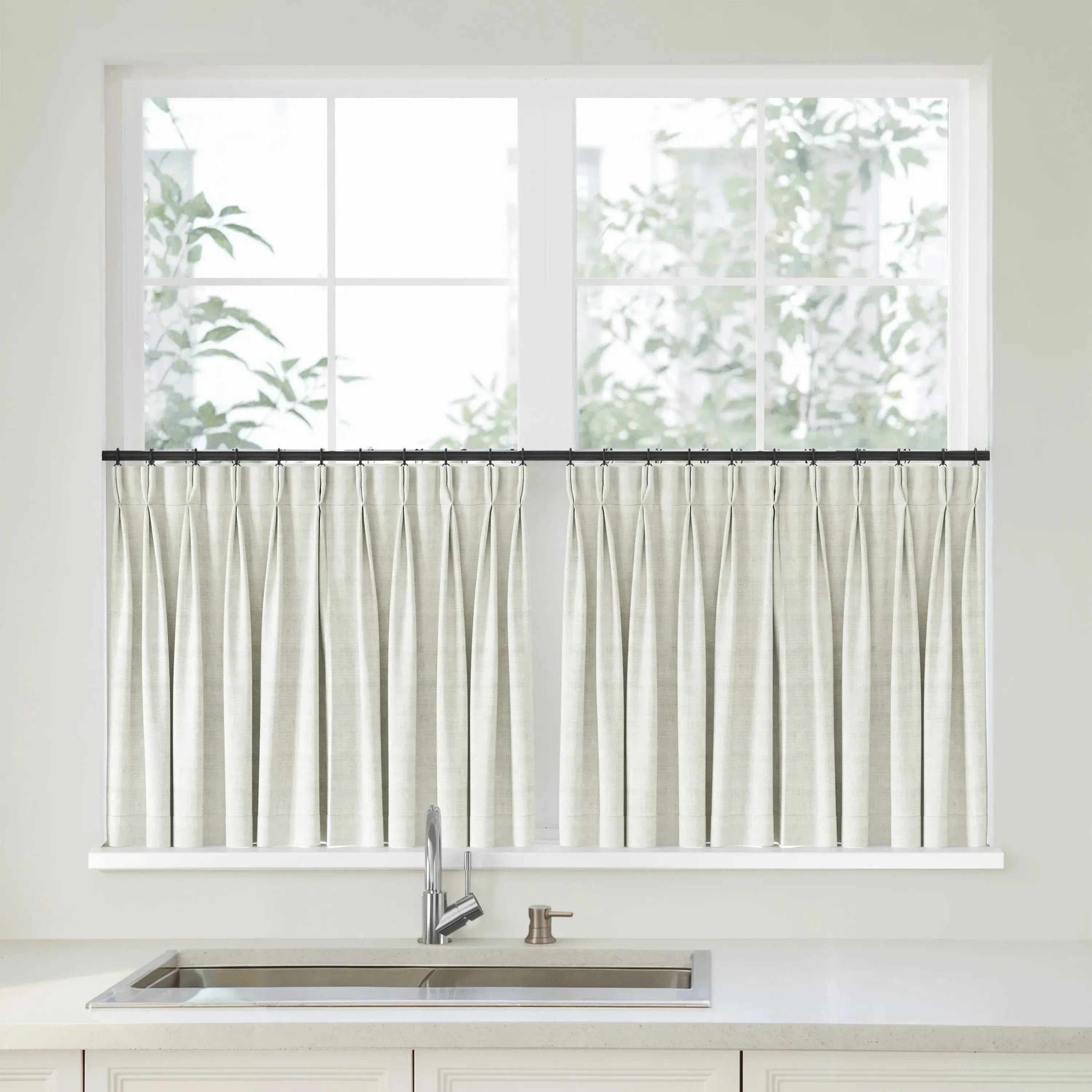 Florence Linen Pleated Cafe Curtains - Oyster White-898-1