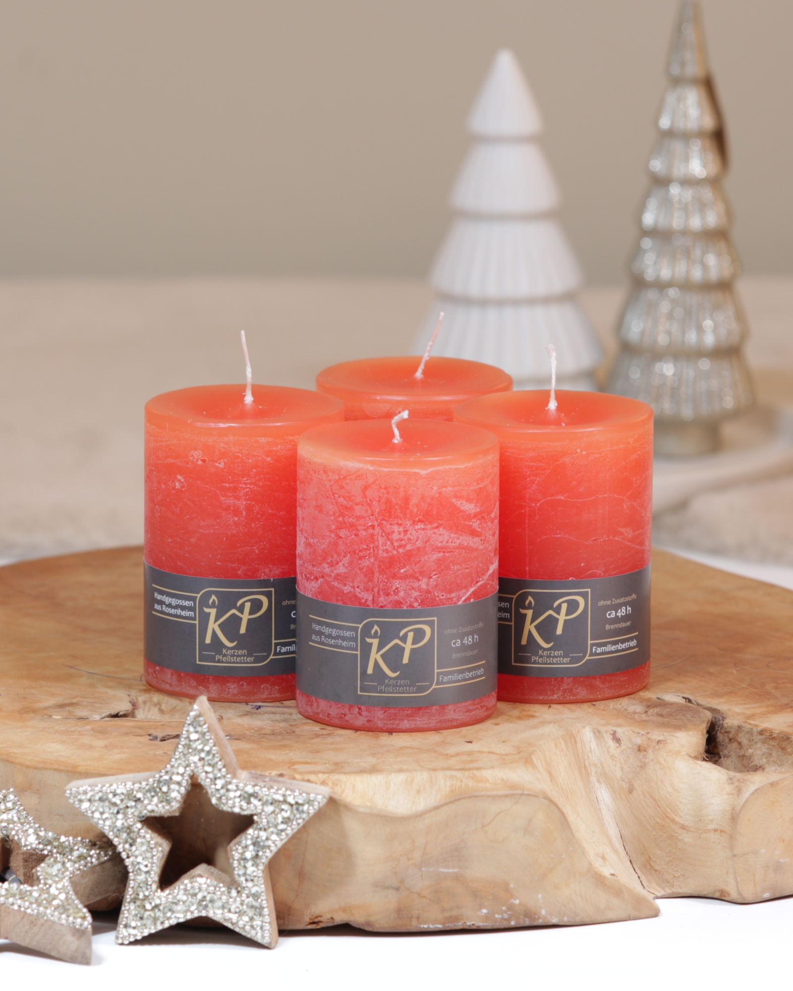 Adventskerzen orange – 4er-Set, handgemacht · ~48 h Brenndauer