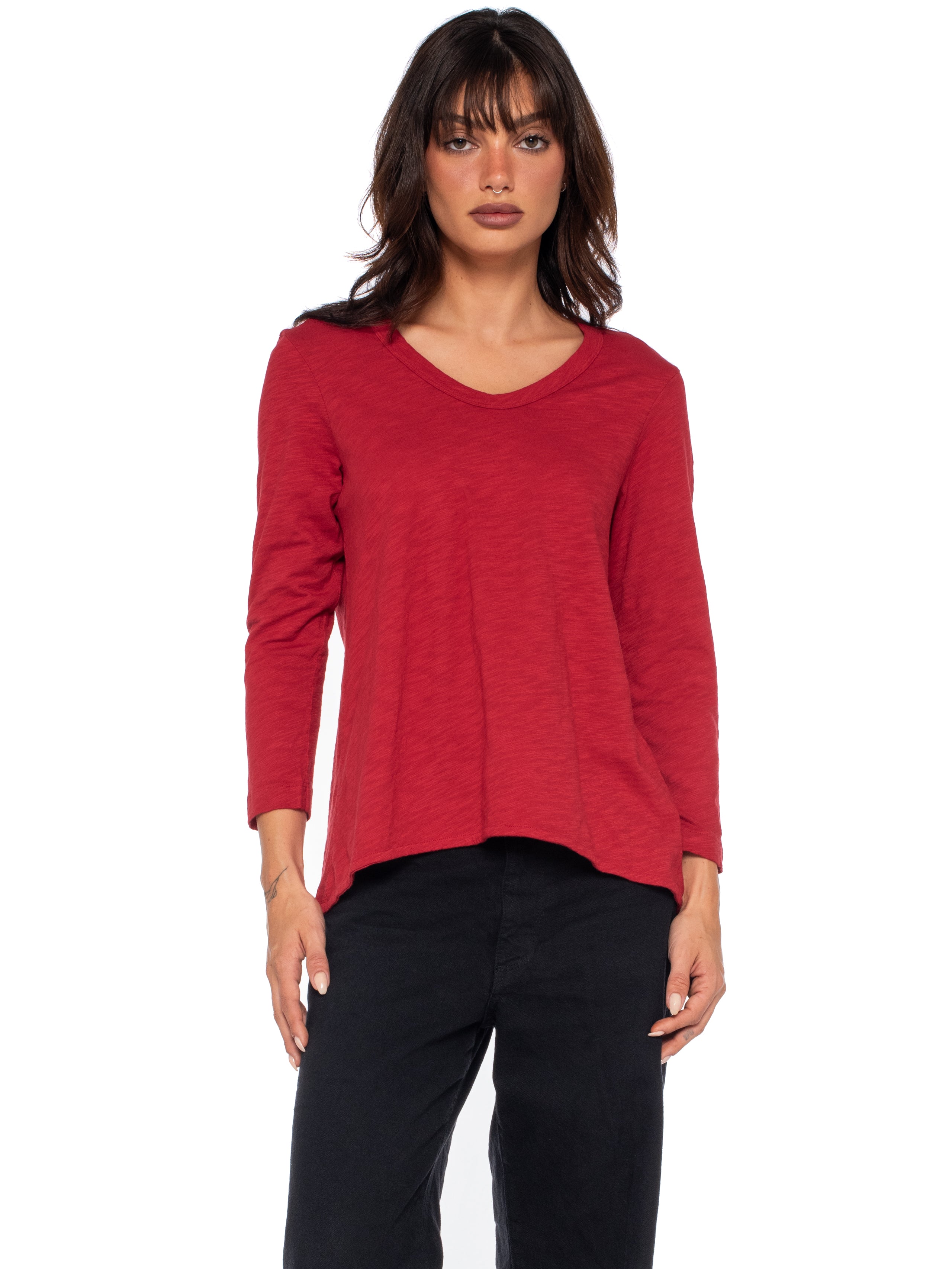 Scoopy Neck 3/4 Sleeve Boyfriend Tee - Lipstick / L