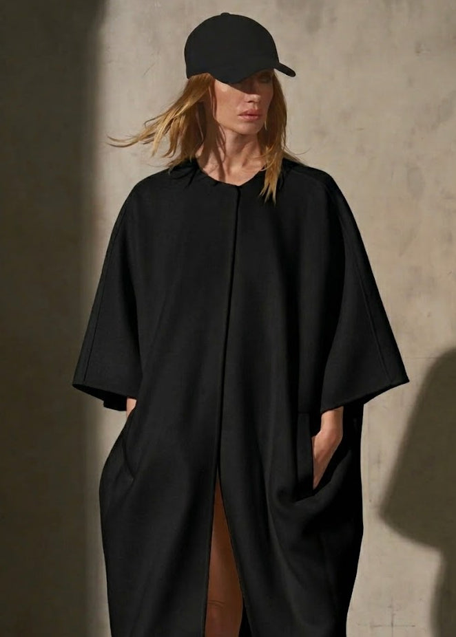 COLLARLESS CASHMERE BELTED COAT - Noir (SS27) - M/L