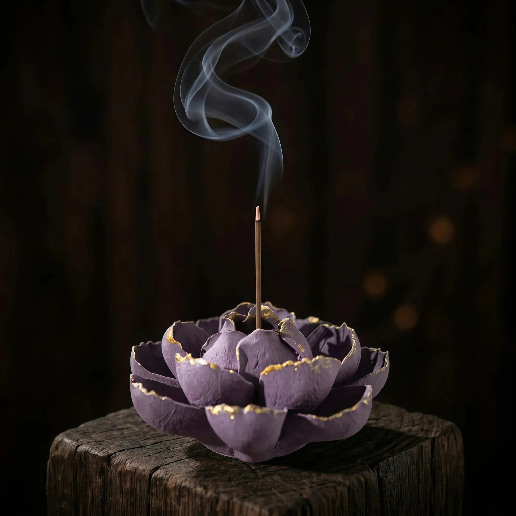 Awakening & Abundance Burner Set (Includes Incense Sticks) - Gilded Blossom Rough Clay - Purple