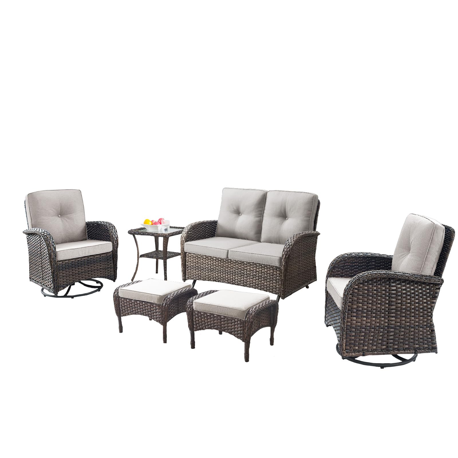 6 Piece Patio Conversation Set with Chairs, Table, Ottoman, NDS Series - Brown Wicker / Beige Cushion