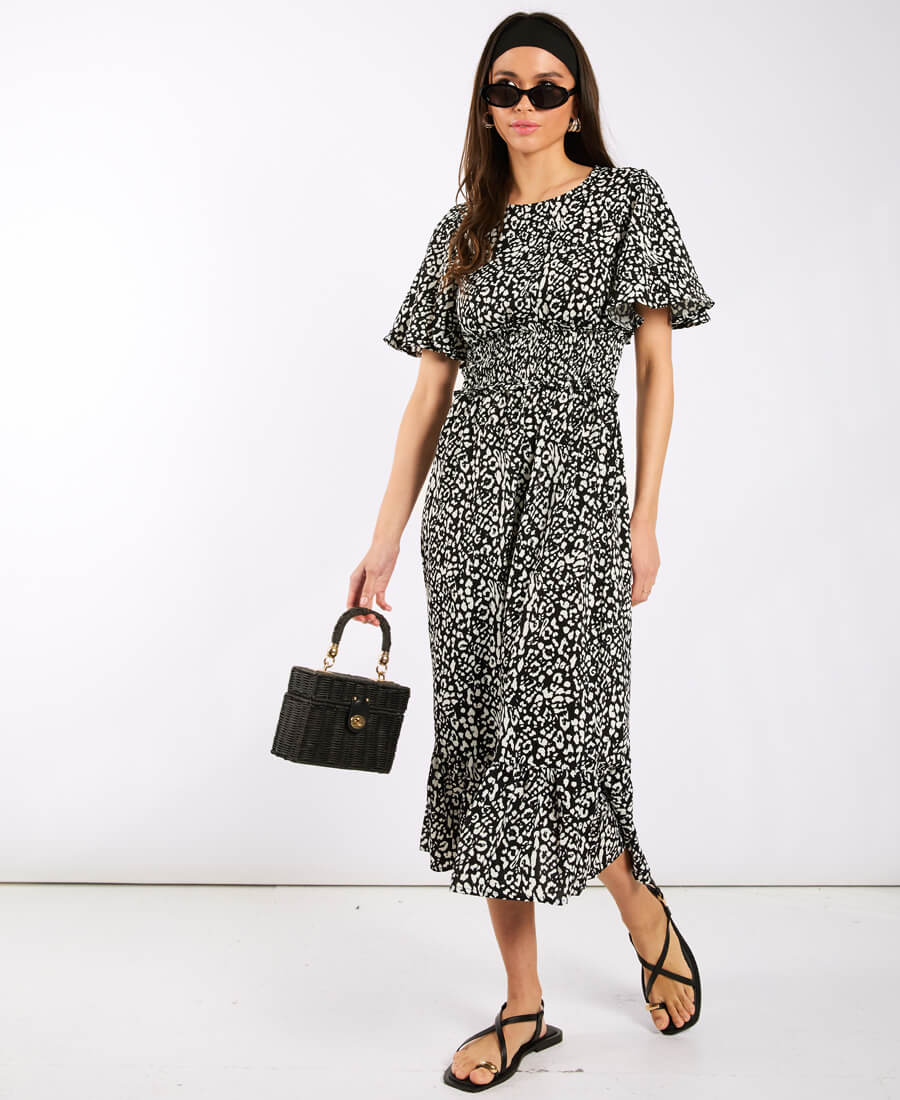 Black Animal Smock Waisted Midi Dress - 10