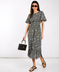 Black Animal Smock Waisted Midi Dress - 12