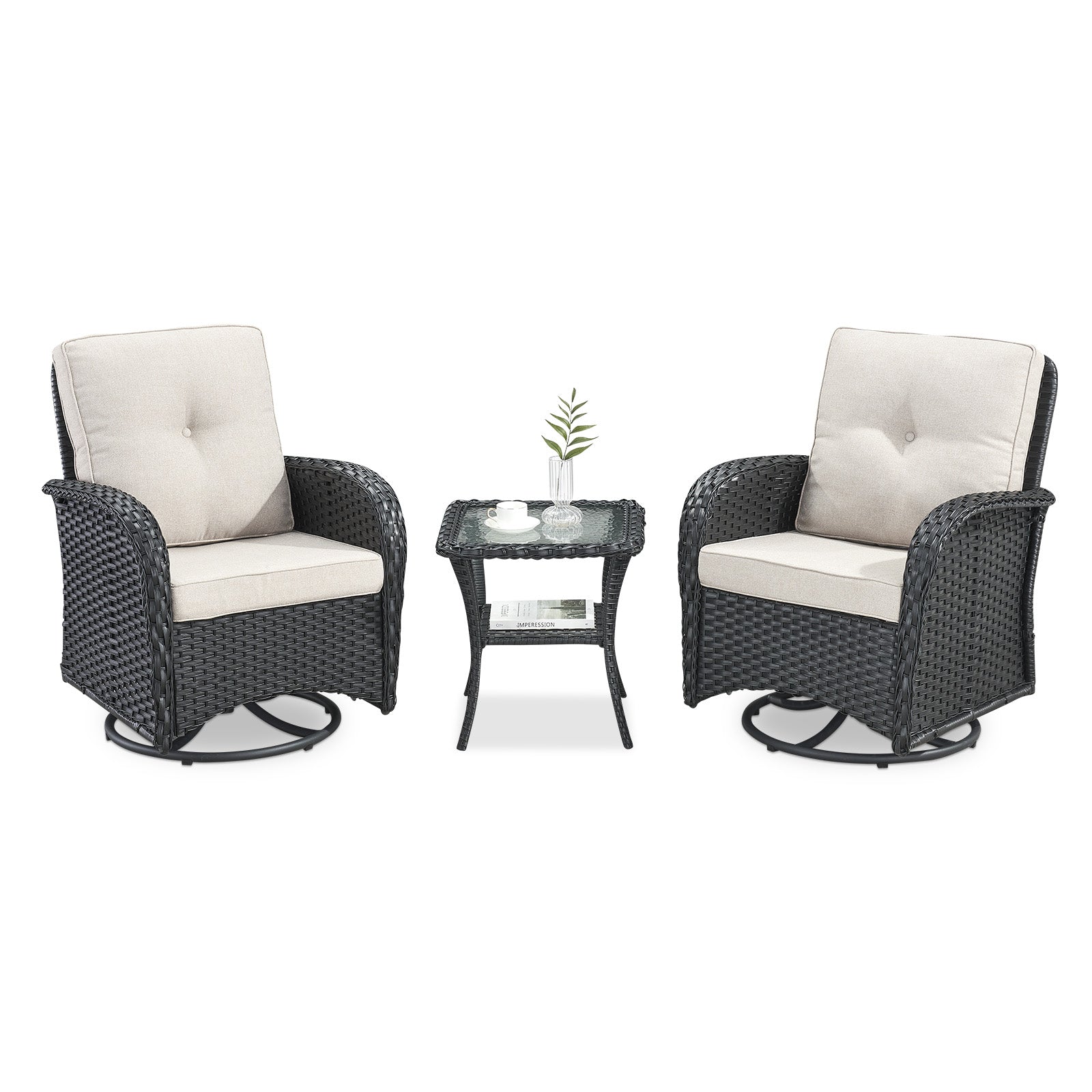 Swivel Glider Chairs Set with Side Table, NDS Series - Black Wicker / Beige Cushion