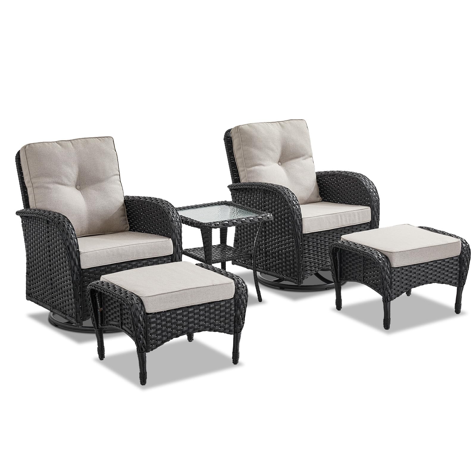 Swivel Glider Chairs Set with Side Table and Ottoman, NDS Series - Black Wicker / Beige Cushion