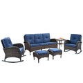 6 Piece Patio Conversation Set with Glider Three-Seater Sofa, NDS Series - Brown Wicker / Blue Cushion