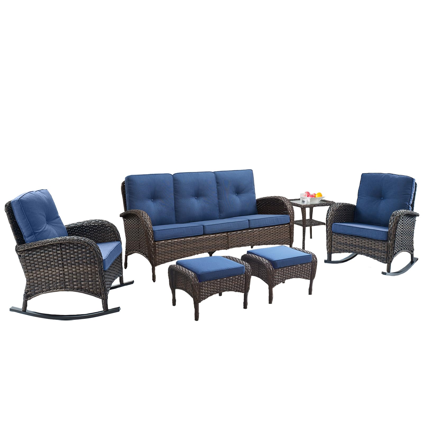 6 Piece Patio Conversation Set with Glider Three-Seater Sofa, NDS Series - Brown Wicker / Blue Cushion