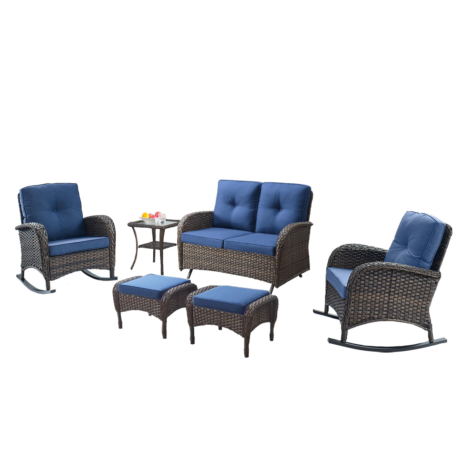 6 Piece Patio Conversation Set with Glider Loveseat, NDS Series - Brown Wicker / Blue Cushion