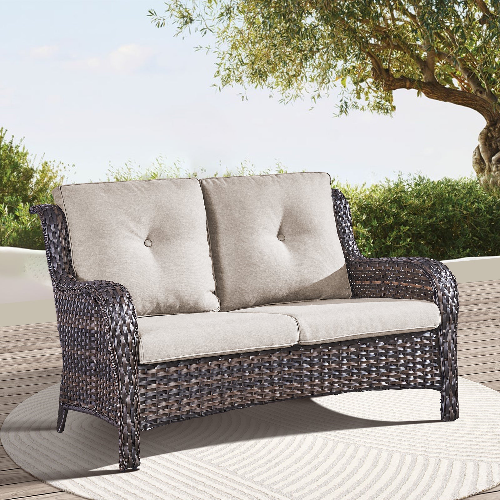 1 Piece Outdoor Patio Furniture Wicker Loveseat Sofa, NTC Series - Brown Wicker / Beige Cushion