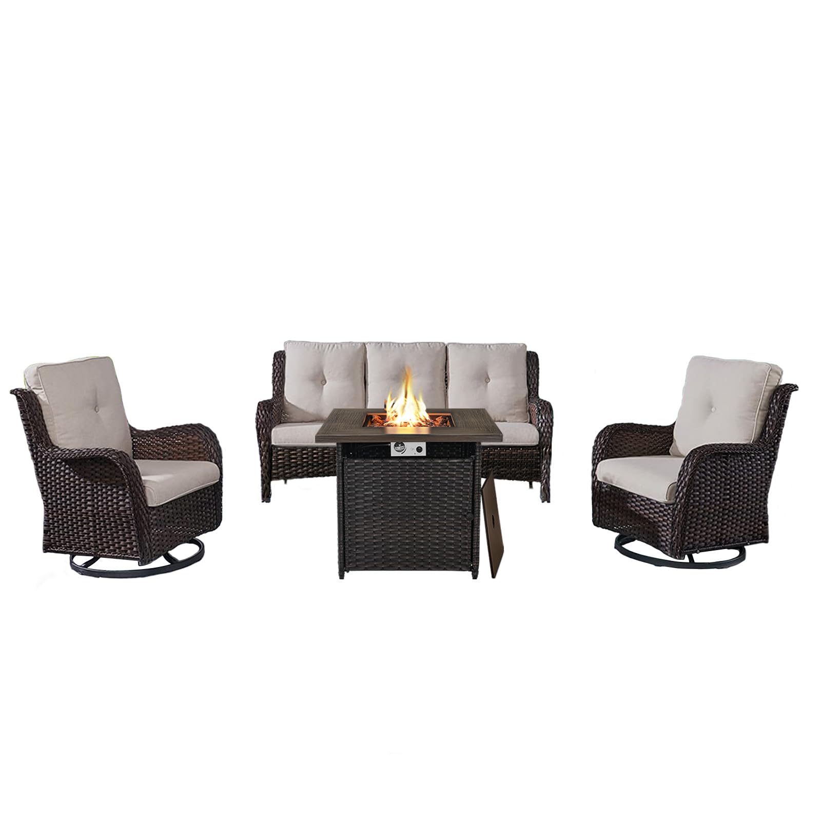 4-Piece Wicker Patio Set with Fire Pit Table, NTC Series - Brown Wicker / Beige Cushion