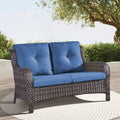 1 Piece Outdoor Patio Furniture Wicker Loveseat Sofa, NTC Series - Brown Wicker / Blue Cushion
