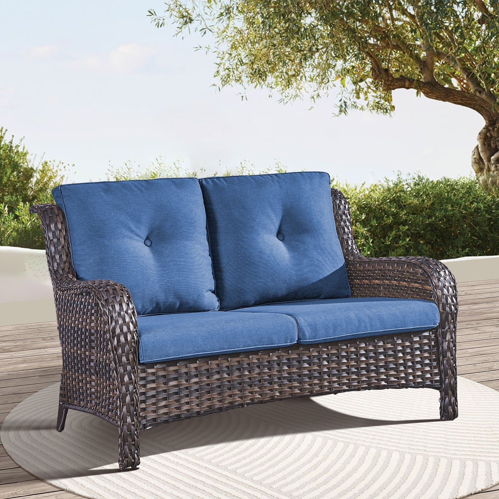 1 Piece Outdoor Patio Furniture Wicker Loveseat Sofa, NTC Series - Brown Wicker / Blue Cushion