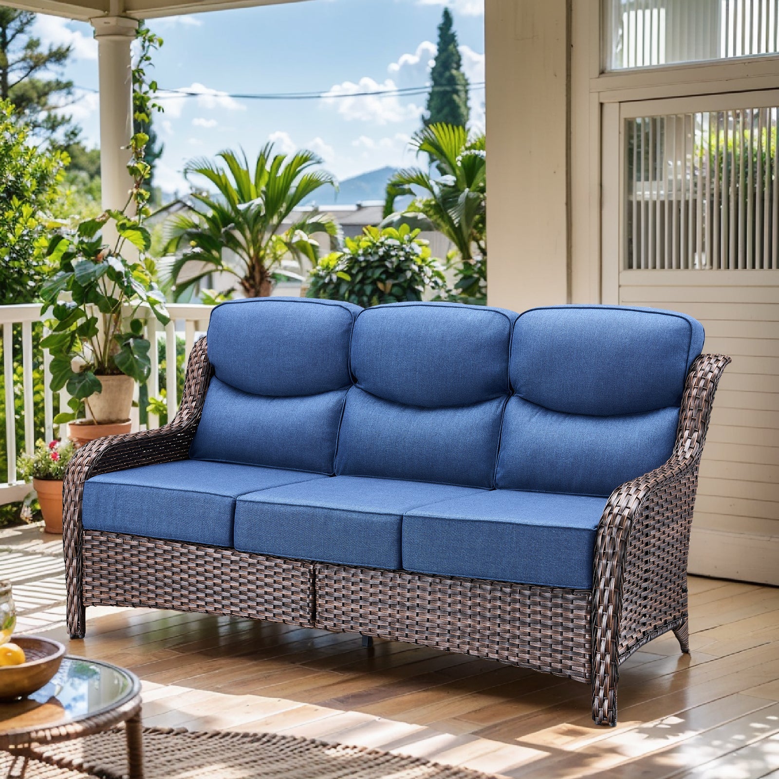 Oversized 3-Seater Wicker Sofa, High Back & 6" Cushions, NT Series - Brown Wicker / Blue Cushion