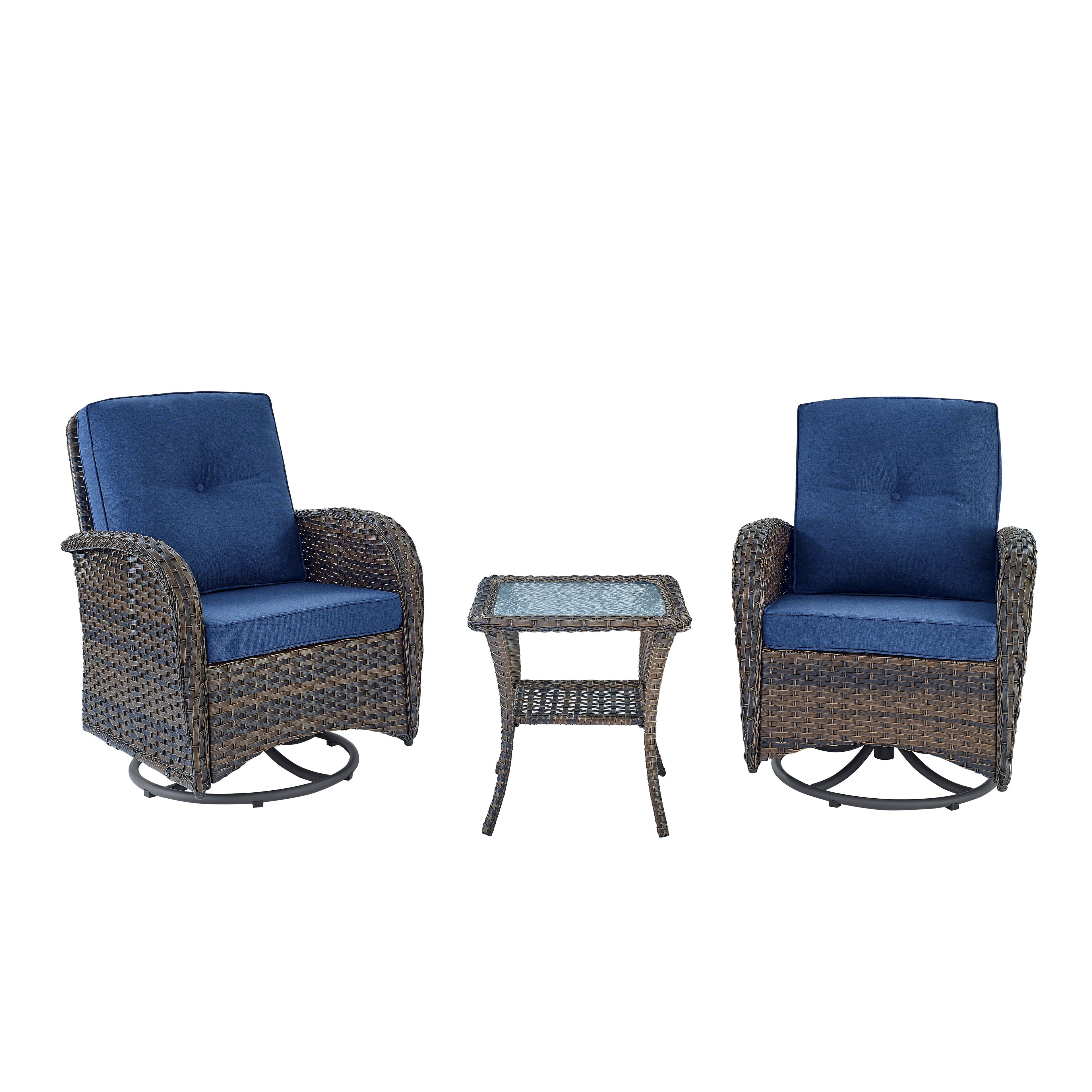 Swivel Glider Chairs Set with Side Table, NDS Series - Brown Wicker / Blue Cushion
