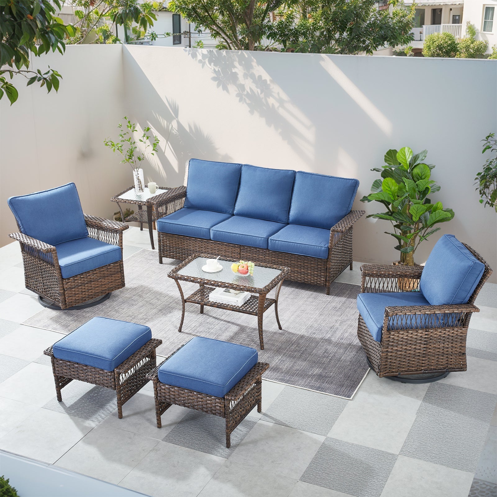 7-Piece Wicker Patio Conversation Set with Sofa & Tables, SS Series - Brown Wicker / Blue Cushion