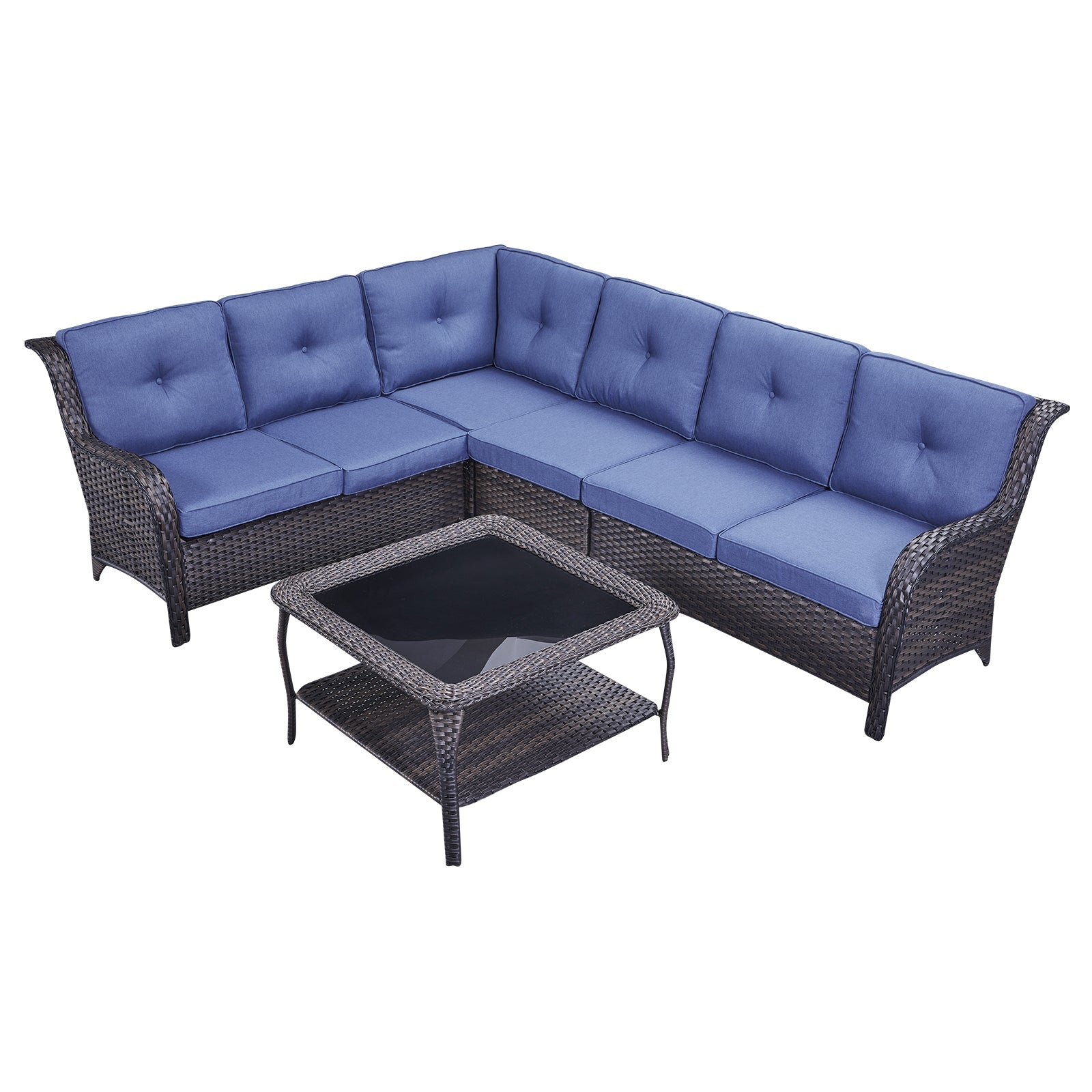 7-Piece L-Shaped Patio Sectional Sofa Set + Wicker Coffee Table, NTC Series - Brown Wicker / Blue Cushion