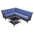 7-Piece L-Shaped Patio Sectional Sofa Set + Wicker Coffee Table, NTC Series - Brown Wicker / Blue Cushion