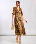 Brown Leopard Satin Midi Dress - 18