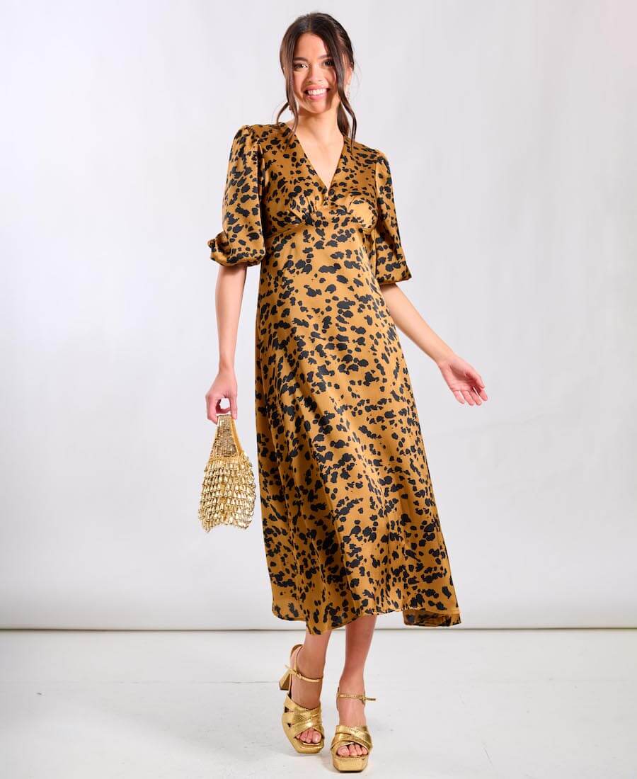 Brown Leopard Satin Midi Dress - 18