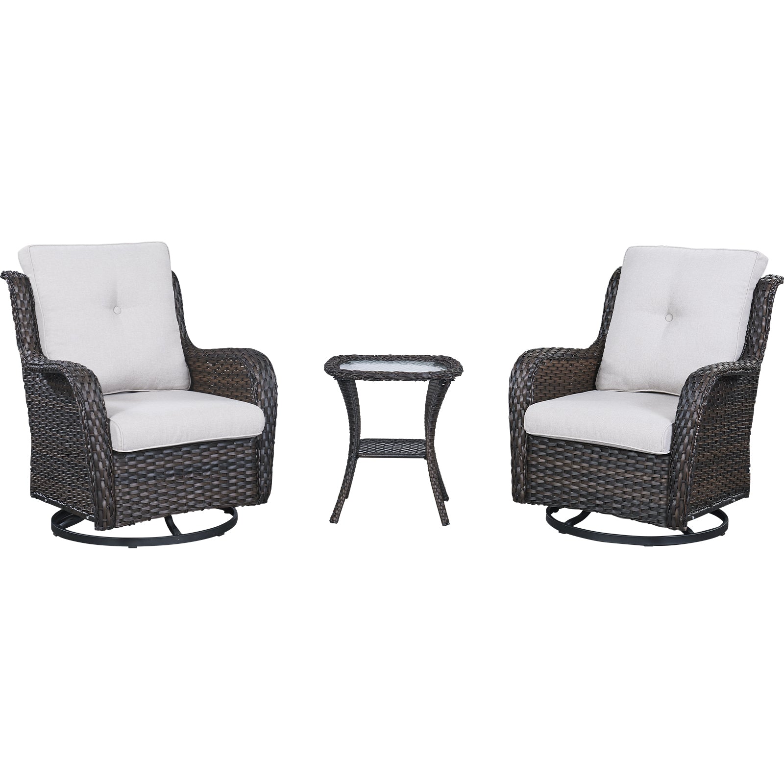 Swivel Glider Chairs Set with Side Table, NTC Series - Brown Wicker / Beige Cushion